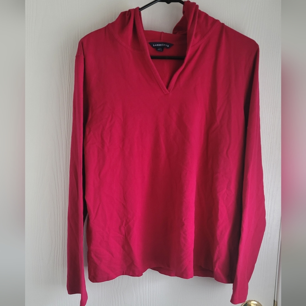 Lands End Hoodie Cherry Red Pullover Size 14-16 Women’s Active Shirt Long sleeve